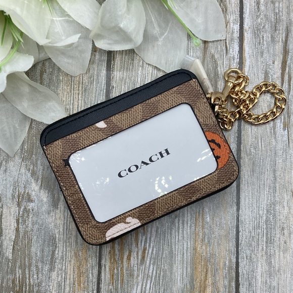 Zip Card Case In Signature Canvas With Halloween Print Wallet Bag Purse - Picture 5 of 10